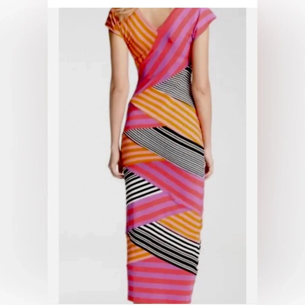 Nicole Miller Pink and Orange Striped Midi Dress - Picture 2 of 5